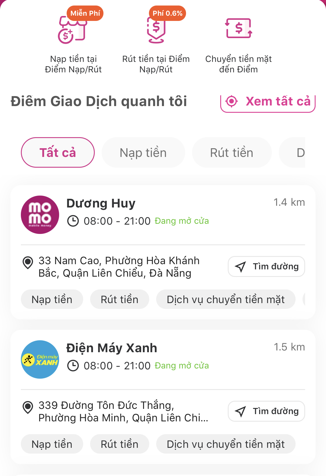 Cách tìm điểm nạp tiền Momo trên app Momo